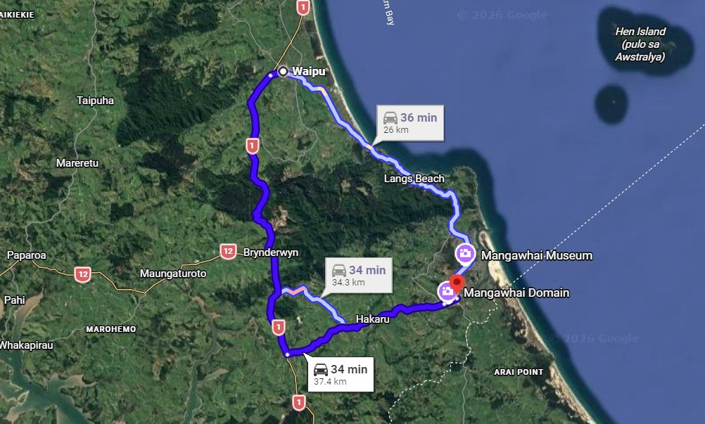 map of route from Waipu to Mangawhai